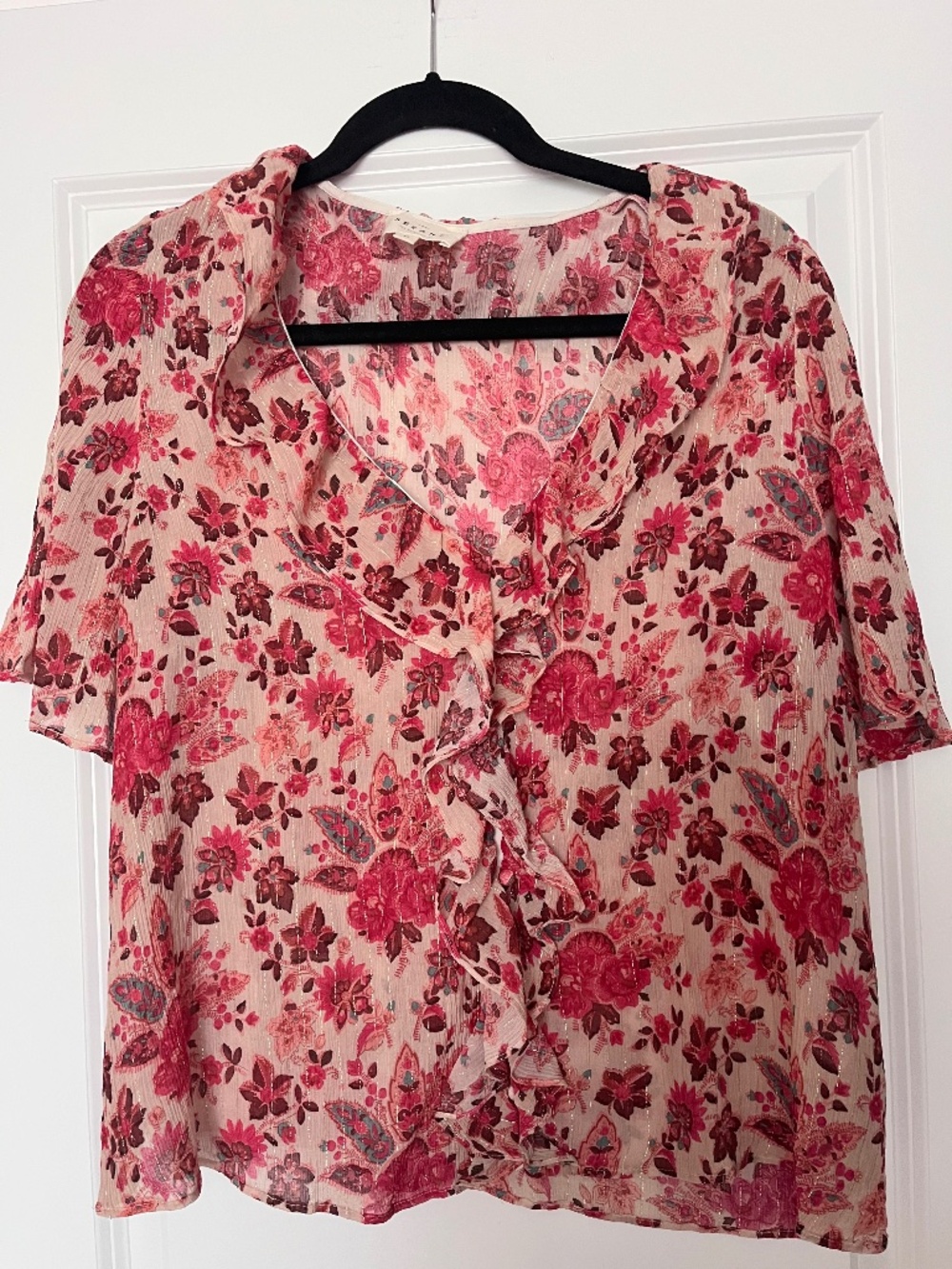 Sézane ruffle trimmed blouse with short flutter skeeves